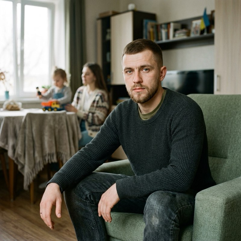 Ветеран сидить у кріслі вдома, на другому плані — дружина з дитиною за столом